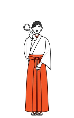Tapınağın Bakiresi, beyaz kosode ve kırmızı hakama giyiyor, bir büyüteç tutuyor ve elini kalçasına koyuyor, Vector Illustration