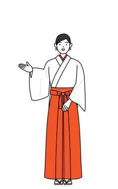 Tapınağın Bakiresi, beyaz kosode ve kırmızı hakama giyiyor, yön gösteriyor, vektör ilüstrasyonu