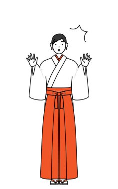 Beyaz kosode ve Red Hakama giyen Tapınak Bakiresi, şaşırarak elini kaldırıyor, Vector Illustration