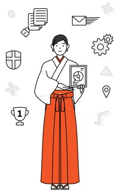 Beyaz kosode ve Red Hakama giyen DX, Tapınağın Bakiresi, dijital teknolojiyi kullanarak işini geliştirdi, Vector Illustration