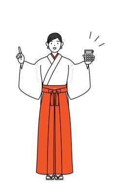 Shrine Maiden Of The Shrine, wearing White kosode and Red Hakama, holding a calculator and pointing, Vector Illustration clipart