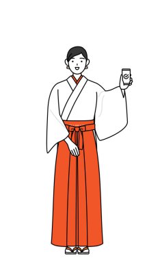 Tapınağın Bakiresi, beyaz kosode ve kırmızı hakama giyiyor, iş yerinde akıllı telefon kullanıyor, Vector Illustration
