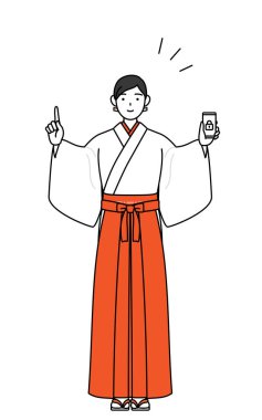 Tapınağın Bakiresi, beyaz kosode ve Red Hakama giyiyor, telefonu için güvenlik önlemleri alıyor, Vector Illustration