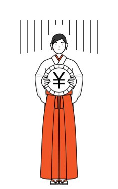 Tapınağın Bakiresi, beyaz kosode ve kırmızı hakama giyiyor. Değişim kaybı ya da yen değerinin düşüşünün bir görüntüsü, Vektör Illustration