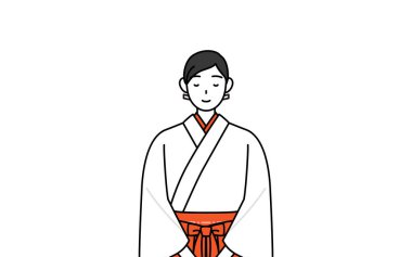 Tapınağın Bakiresi, beyaz kosode ve kırmızı hakama giyiyor, elleri vücutlarının önünde üst üste, Vector Illustration