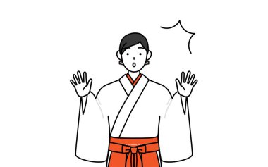 Beyaz kosode ve Red Hakama giyen Tapınak Bakiresi, şaşırarak elini kaldırıyor, Vector Illustration