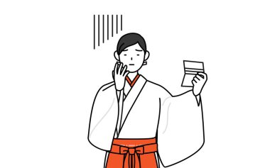 Shrine Maiden Of The Shrine, wearing White kosode and Red Hakama, looking at her bankbook and feeling depressed, Vector Illustration clipart