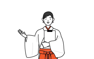 Tapınağın Bakiresi, beyaz kosode ve kırmızı hakama giyiyor, bir pano tutuyor ve elini uzatıyor, Vector Illustration