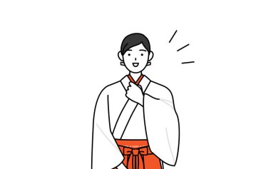 Shrine Maiden Of The Shrine, wearing White kosode and Red Hakama, tapping her chest, Vector Illustration clipart