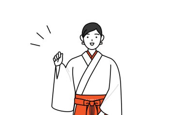 Tapınağın Bakiresi, beyaz kosode ve Red Hakama giyiyor, cesaretle poz veriyor, Vektör İllüzyonu