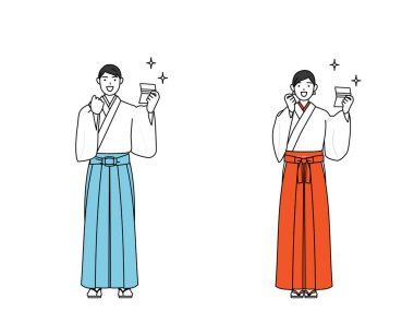 Priest and shrine maiden of the shrine, who is pleased to see a bankbook, Vector Illustration clipart