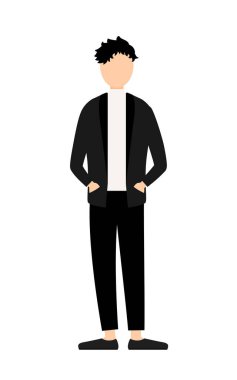 Siyah ceketli, elleri cebinde bir adamın basit bir tasviri, Vector Illustration.