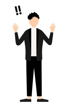 Siyah ceketli bir adamın basit bir tasviri. Elini kaldırması sürpriz oldu. Vector Illustration.