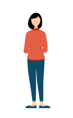 Kolları katlanmış, kırmızı balıkçı yakalı bir kadının basit bir çizimi, Vektör İllüzyonu.