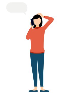 Kırmızı balıkçı yaka kazaklı bir kadının basit bir çizimi. Telefonuyla konuşuyor, Vector Illustration.