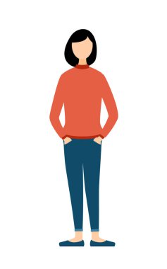 Kırmızı balıkçı yakalı bir kadının elleri cebinde basit bir çizimi, Vector Illustration.