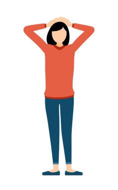 Elleri başının arkasında olan kırmızı balıkçı yakalı bir kadının basit bir çizimi, Vector Illustration.