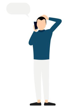 Mavi balıkçı yaka kazaklı bir adamın basit bir çizimi. Telefonuyla konuşuyor, Vector Illustration.