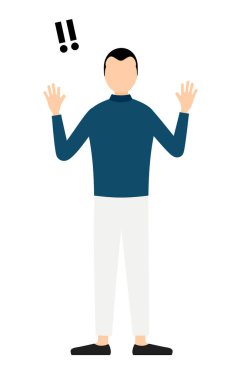 Mavi balıkçı yaka kazaklı bir adamın basit bir çizimi. Şaşırarak elini kaldırıyor, Vector Illustration.