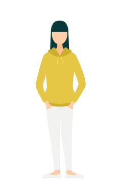 Elleri cebinde haki rengi parka giymiş bir kadının basit bir çizimi, Vektör İllüzyonu.