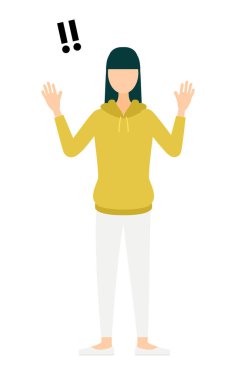 Haki renkli parka giymiş bir kadının basit bir resmi. Elini kaldırması sürpriz oldu, Vektör İllüzyonu.