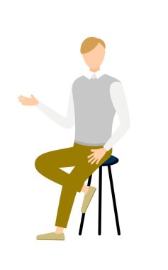 Sandalyede otururken konuşan gri yelekli bir adamın basit bir tasviri, Vector Illustration