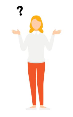 Gri kazaklı bir kadının basit bir çizimi. Soru soruyor, Vektör Resimleri.