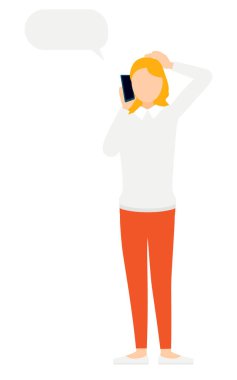 Gri kazaklı bir kadının telefonuyla konuşmasının basit bir çizimi, Vector Illustration.