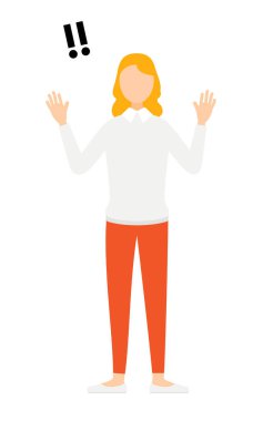 Gri kazaklı bir kadının basit bir tasviri. Elini kaldırması sürpriz oldu. Vektör İllüzyonu.