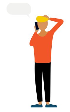 Kırmızı tişörtlü bir adamın telefonuyla konuşmasının basit bir gösterimi, Vector Illustration.