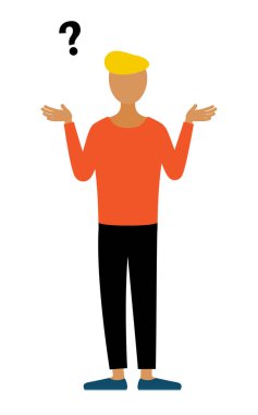 Kırmızı gömlekli bir adamın basit bir çizimi. Soru soruyor, Vektör Resimleri.