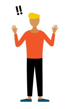 Kırmızı tişörtlü bir adamın basit bir tasviri. Şaşırarak elini kaldırıyor, Vektör İllüzyonu.