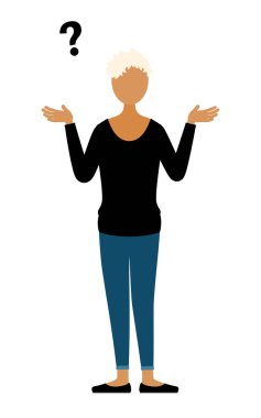 Siyah gömlekli bir kadının basit bir tasviri. Soru soruyor, Vektör İllüstrasyonu.