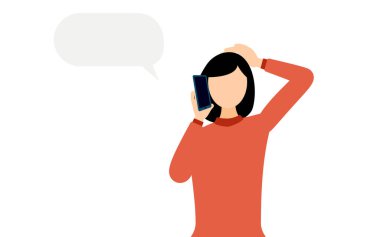 Kırmızı balıkçı yaka kazaklı bir kadının basit bir çizimi. Telefonuyla konuşuyor, Vector Illustration.