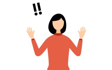 Kırmızı balıkçı yakalı bir kadının basit bir resmi. Şaşırarak elini kaldırıyor, Vektör İllüzyonu.