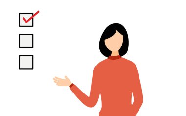 Kırmızı balıkçı yaka kazaklı bir kadının basit bir tasviri. Konuşuyor ve listeyi gösteriyor. Vektör İllüzyonu.