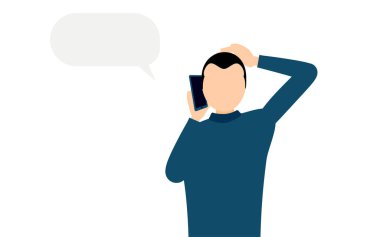 Mavi balıkçı yaka kazaklı bir adamın basit bir çizimi. Telefonuyla konuşuyor, Vector Illustration.