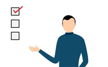 Mavi balıkçı yaka kazaklı bir adamın basit bir tasviri. Konuşuyor ve listeyi gösteriyor. Vektör İllüzyonu.