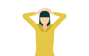 Elleri başının arkasında olan haki renkli parkalı bir kadının basit bir çizimi, Vektör İllüzyonu.