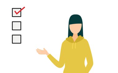 Haki renkli bir parka giymiş, konuşan ve listeyi gösteren bir kadının basit bir çizimi, Vektör İllüzyonu