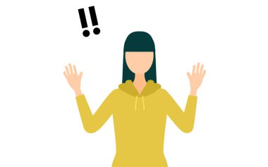 Haki renkli parka giymiş bir kadının basit bir resmi. Elini kaldırması sürpriz oldu, Vektör İllüzyonu.