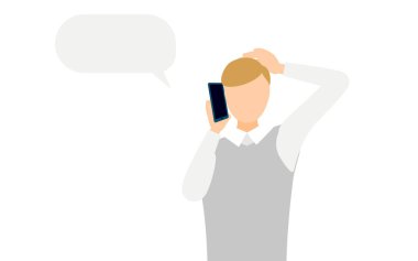 Gri yelekli bir adamın telefonuyla konuşmasının basit bir çizimi, Vector Illustration.