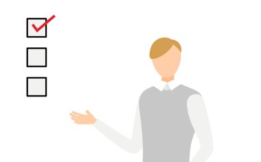 Gri yelekli bir adamın basit bir tasviri. Konuşuyor ve listeyi gösteriyor. Vektör İllüzyonu.