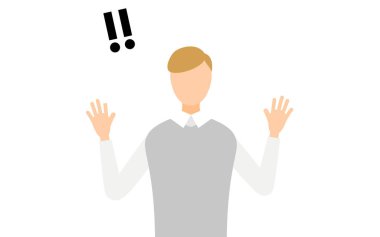 Gri yelekli bir adamın basit bir resmi. Elini kaldırması sürpriz oldu, Vektör İllüzyonu.