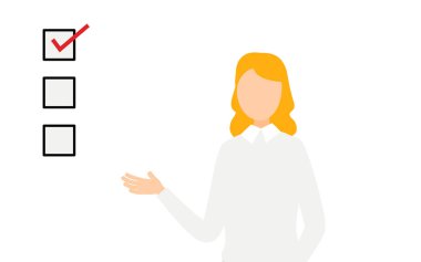 Gri kazaklı bir kadının basit bir tasviri. Konuşuyor ve listeyi gösteriyor. Vektör İllüzyonu.