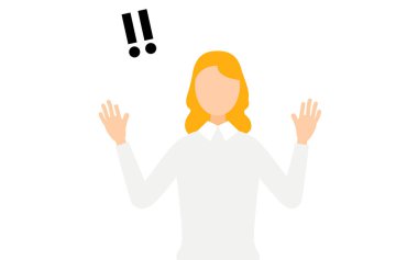 Gri kazaklı bir kadının basit bir tasviri. Elini kaldırması sürpriz oldu. Vektör İllüzyonu.