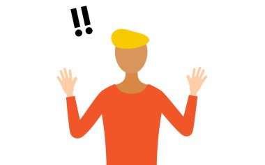 Kırmızı tişörtlü bir adamın basit bir tasviri. Şaşırarak elini kaldırıyor, Vektör İllüzyonu.