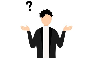 Siyah ceketli bir adamın basit bir tasviri. Soru soruyor, Vektör İllüstrasyonu.