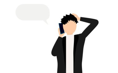 Siyah ceketli bir adamın basit bir tasviri. Telefonuyla konuşuyor, Vector Illustration.