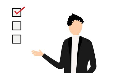 Siyah ceketli bir adamın basit bir tasviri. Konuşuyor ve listeyi gösteriyor, Vector Illustration.